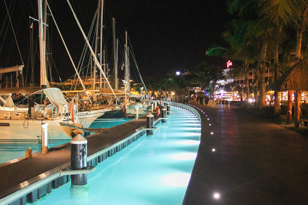 Seavision DV59 RGB LED Underwater Dock Light White installed in marina with sail boats 