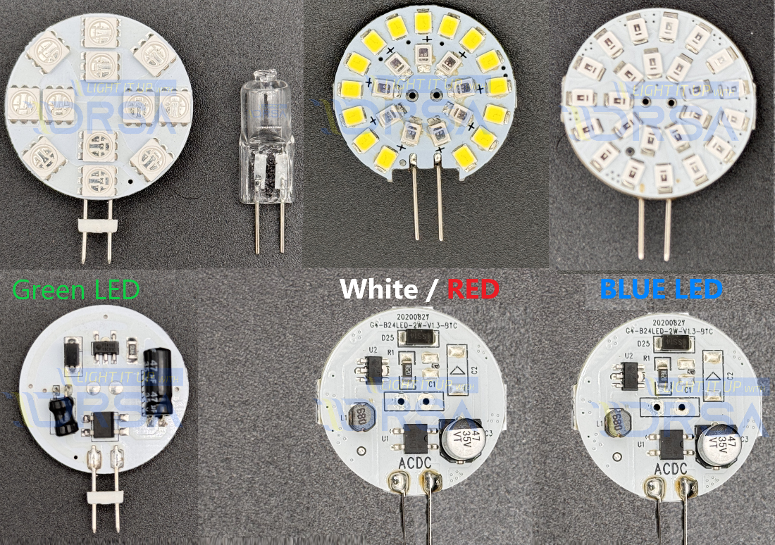 Front and back of g4 Led replacement bulbs next to halogen bulb