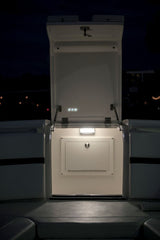 NevisLT LED utility light, 1,000+ lumens, 180-degree spread, ignition-protected, dimmer compatible installed in boat locker