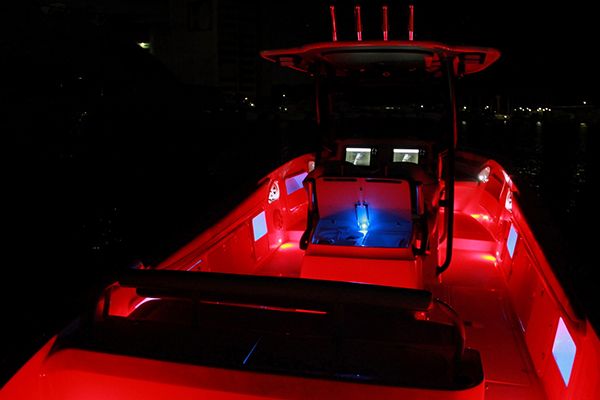 Mini Rail2 LED utility light, compact and water-sealed, versatile color options, sleek design on boat installed in gunnels.