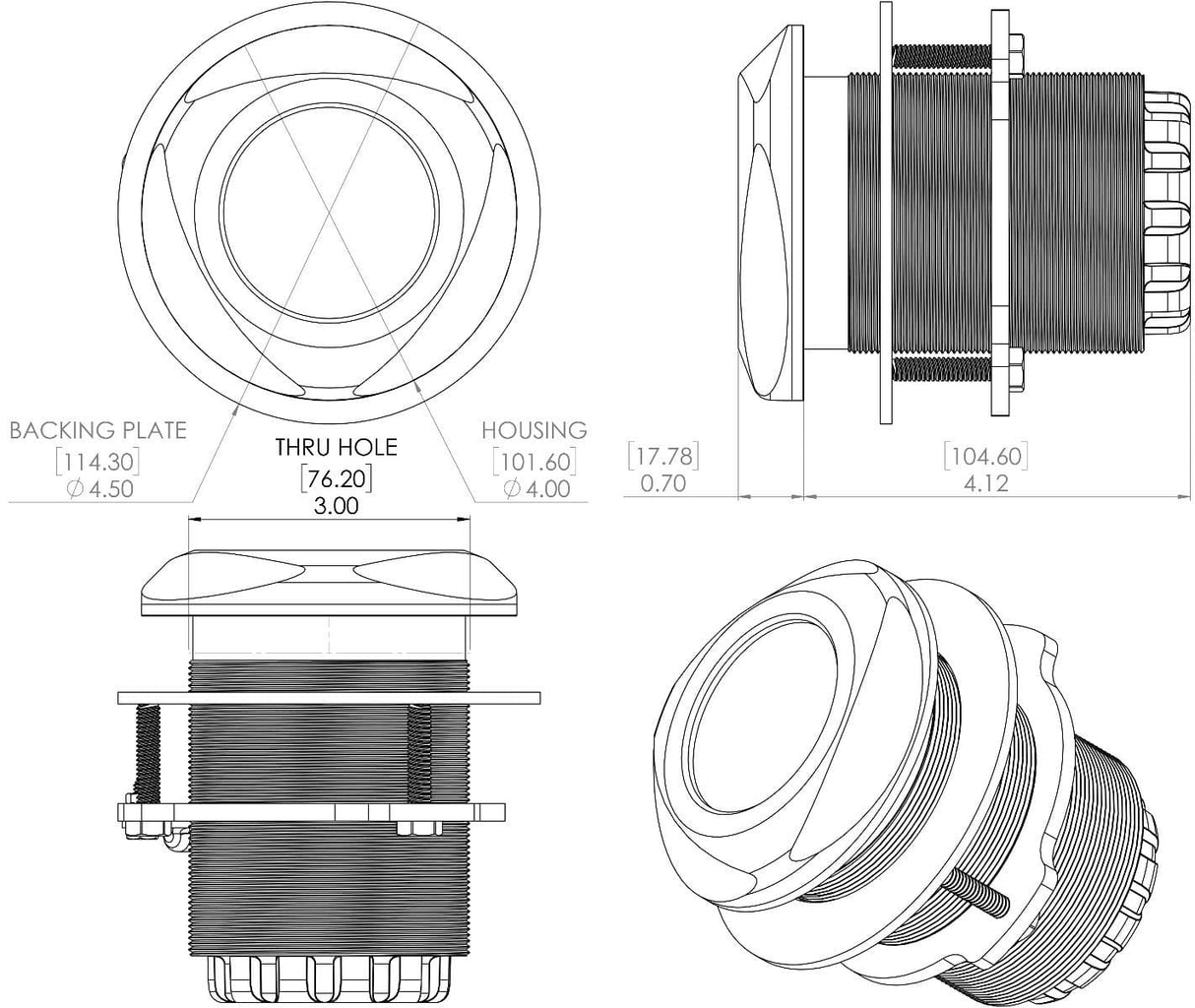 SeaBlaze Typhoon Through-Hull Underwater Light in white/blue, install diagram