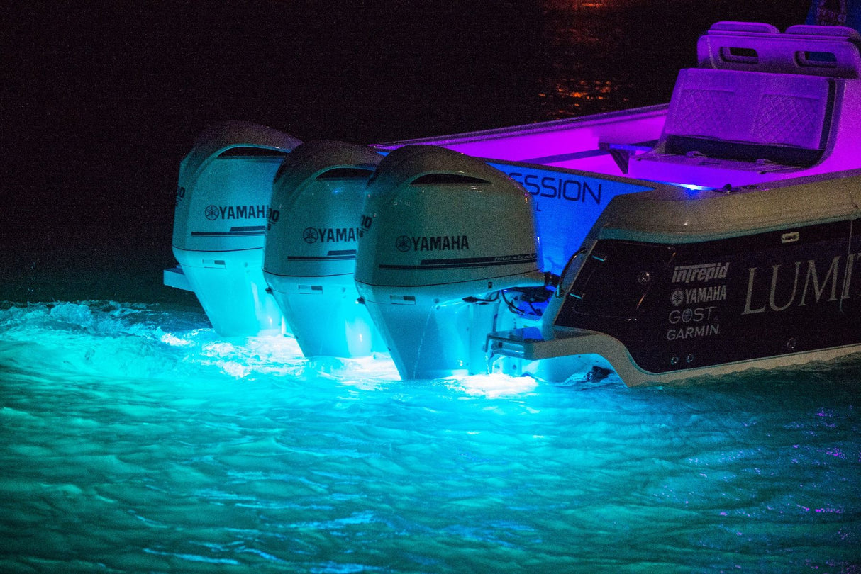 SeaBlaze X2 Spectrum underwater light, 6,000+ lumens, polished installes at night on center console