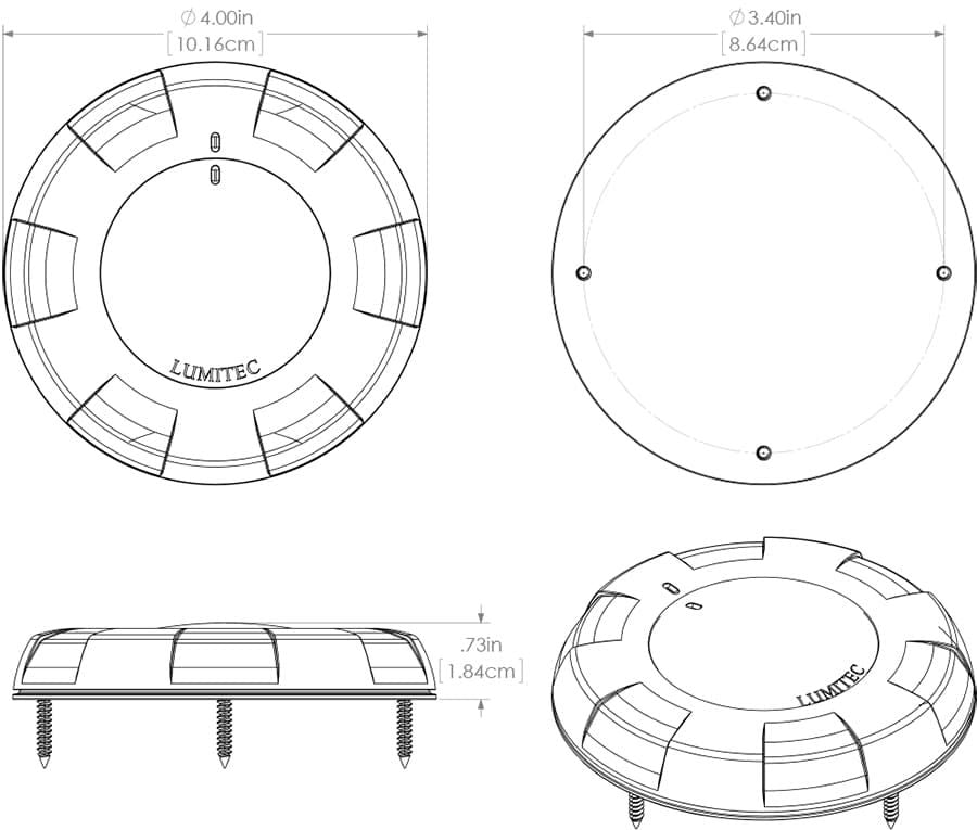 Aurora Surface Mount Dome Light in white/blue output, featuring a sleek design, built-in switch diagram