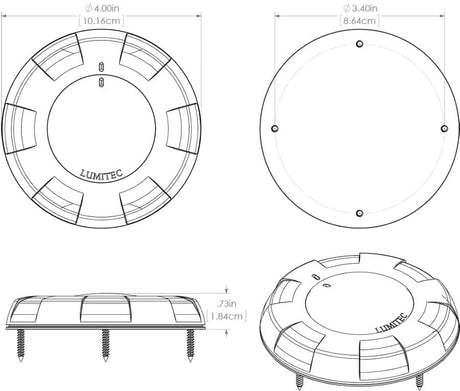 Aurora Surface Mount Dome Light in white/blue output, featuring a sleek design, built-in switch diagram