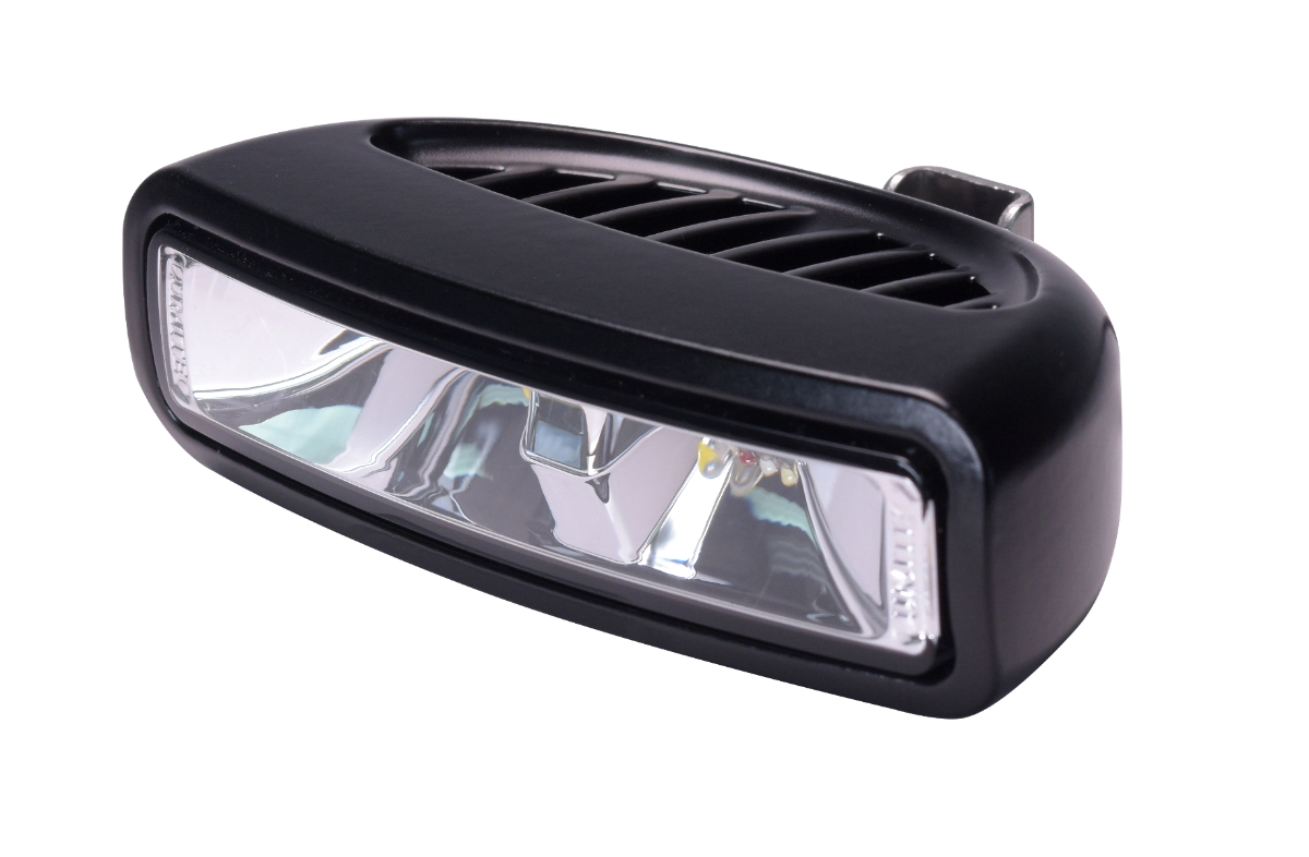 Caprera3 Bracket Mount LED Flood Light with Spectrum RGBW, compact white housing side view in black finish.

