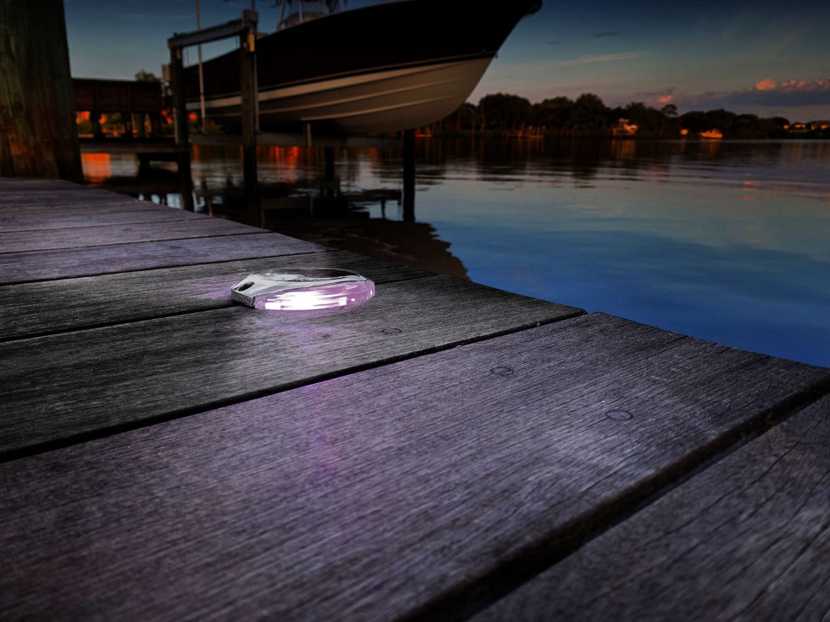 Scallop Pathway Light isdesigned for docks and pathways stainless finish at night on dock