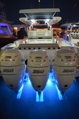 SeaBlaze Mini LED Underwater Light, at night installed back view of outboards.