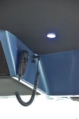 Lumitec Halo Flush Mount LED Down Light in white, red, blue, and purple color options, showcasing a slim, weatherproof design on center console overhead 