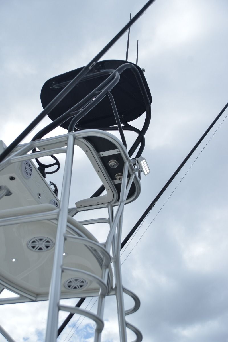  Maxillume H60 Trunnion Mount LED Flood Light in white finish on sportfish hardtop side view