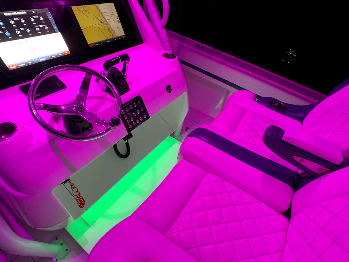 Moray Flex Light, 3-foot RGBW, built-in driver, Poco-compatible, flexible and versatile lighting on centerconsole pink color at night.