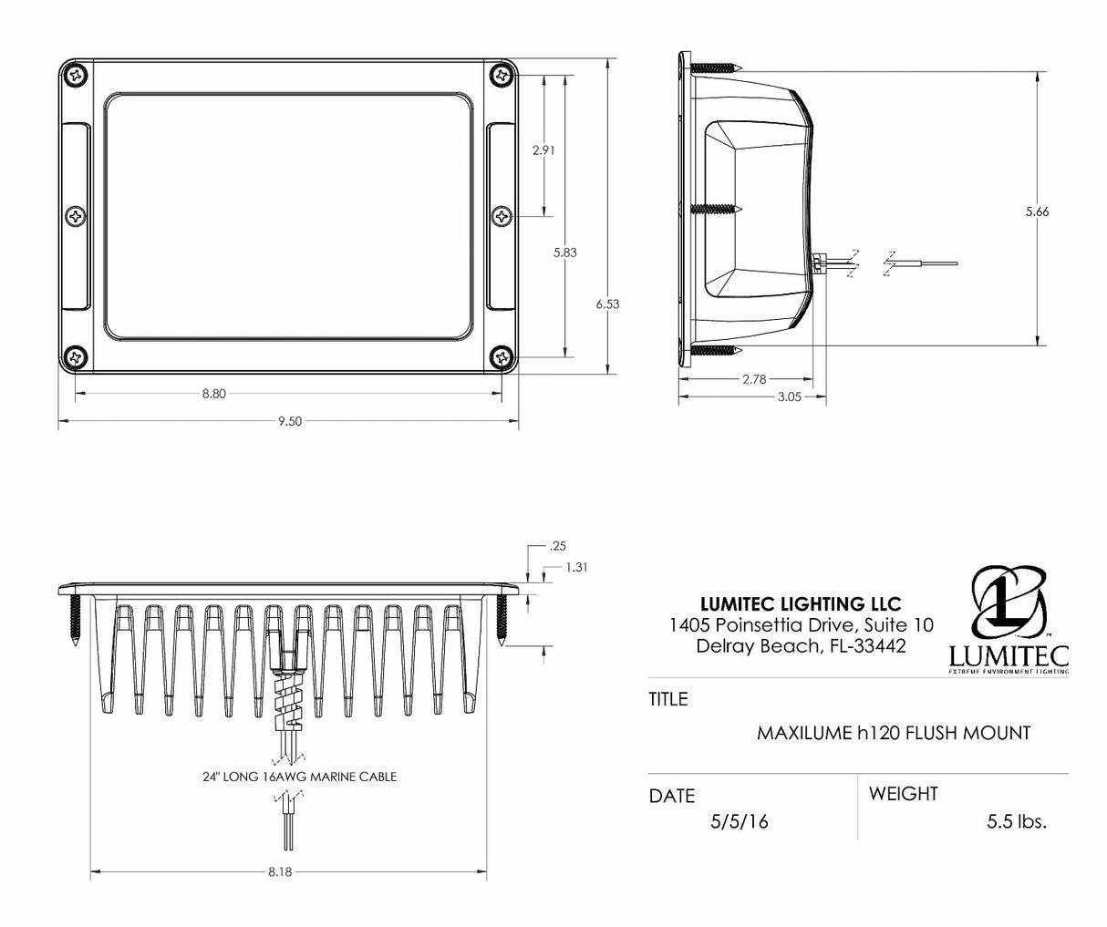 Maxillume H120 Marine LED Flood Light with heavy-duty aluminum housing white instelation diagram