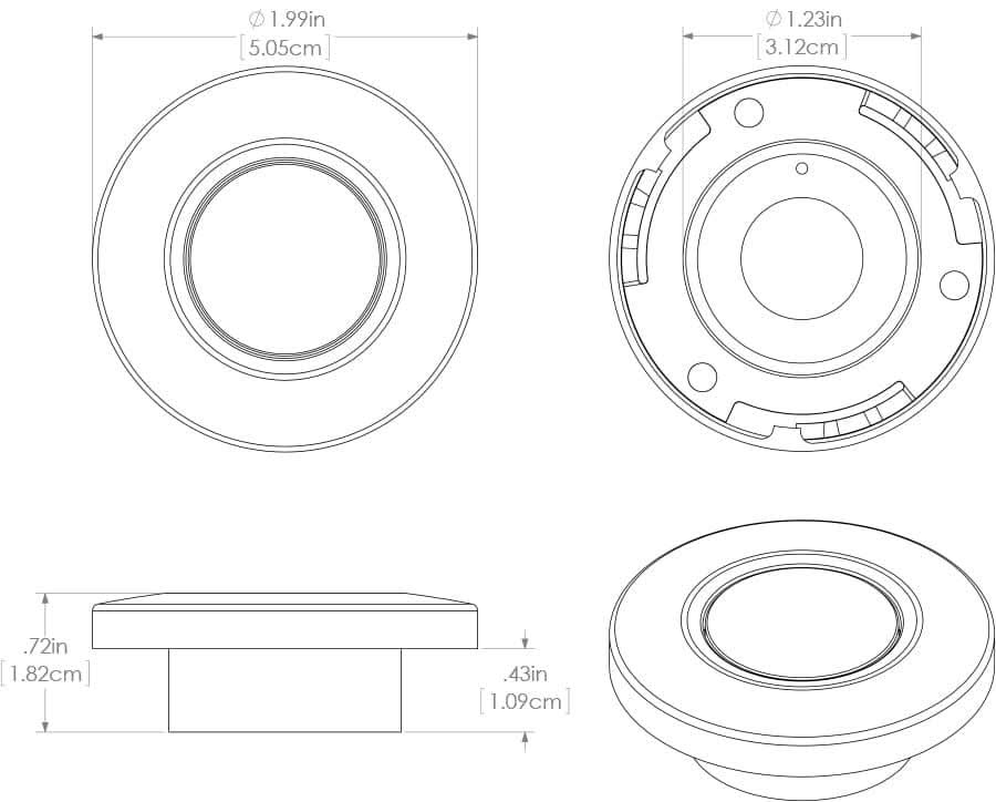 Orbit Flush Mount LED Down Light in white, red, blue, and purple color options diagram