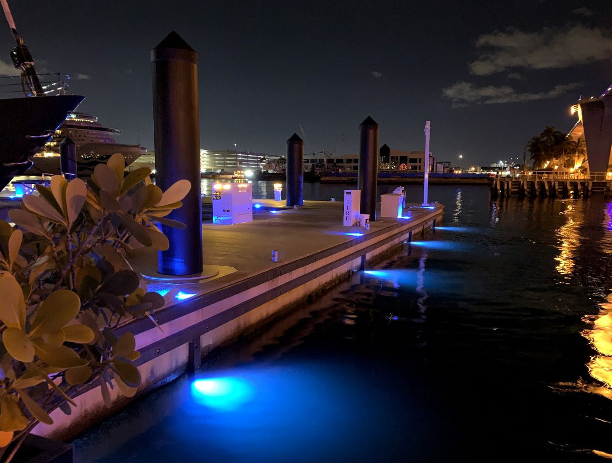 Kraken Underwater Dock Light system with white/blue at night on dock