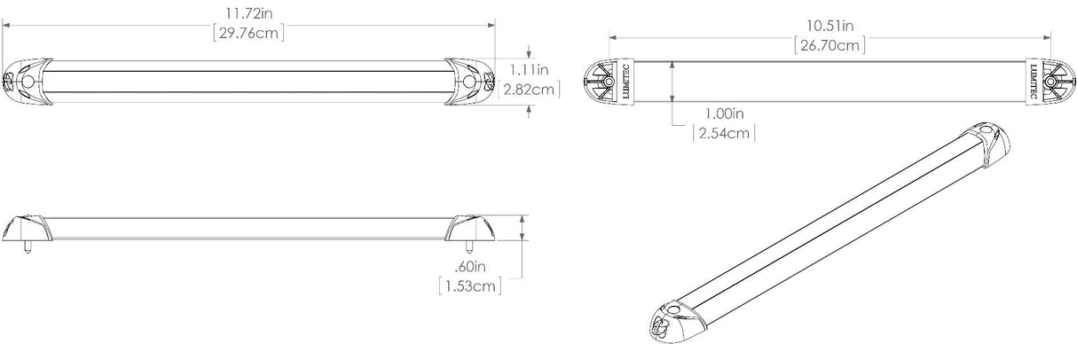 Rail2 12ich LED utility light, high output, warm white or 3-color options, water-sealed install diagram