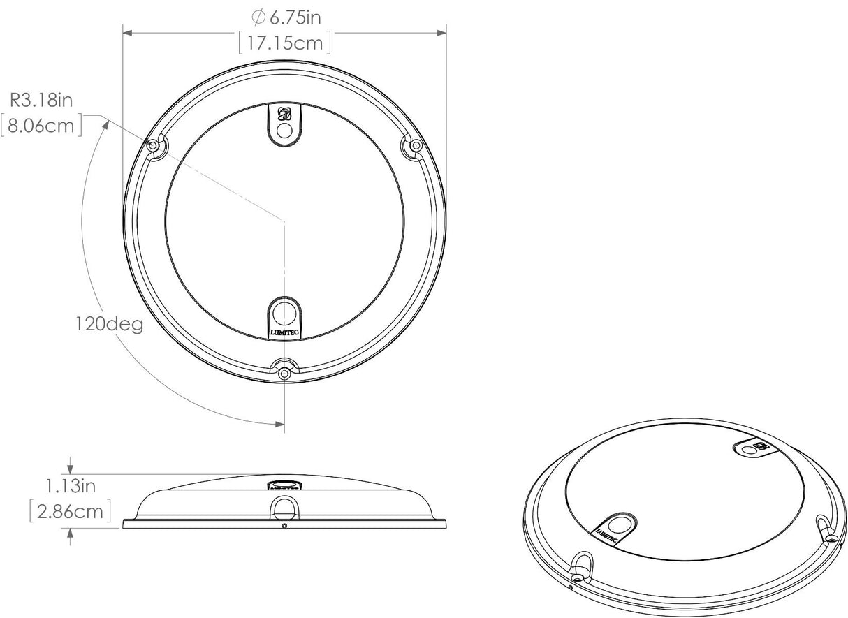 lumitec Touch Dome LED Light in white/blue output, featuring Optical Field Sense technology diagram