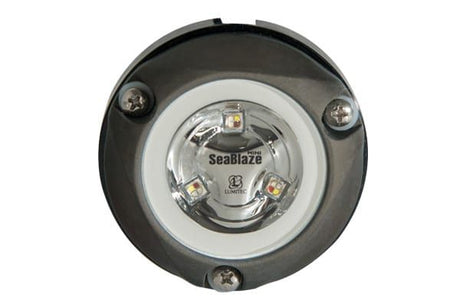 Zambezi Mini Surface Mount Underwater Light in white, compact 3-inch design for pontoons and skiffs. front view